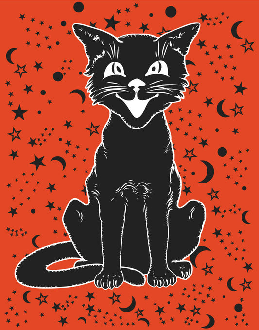 Vintage Halloween Cat on Orange Print