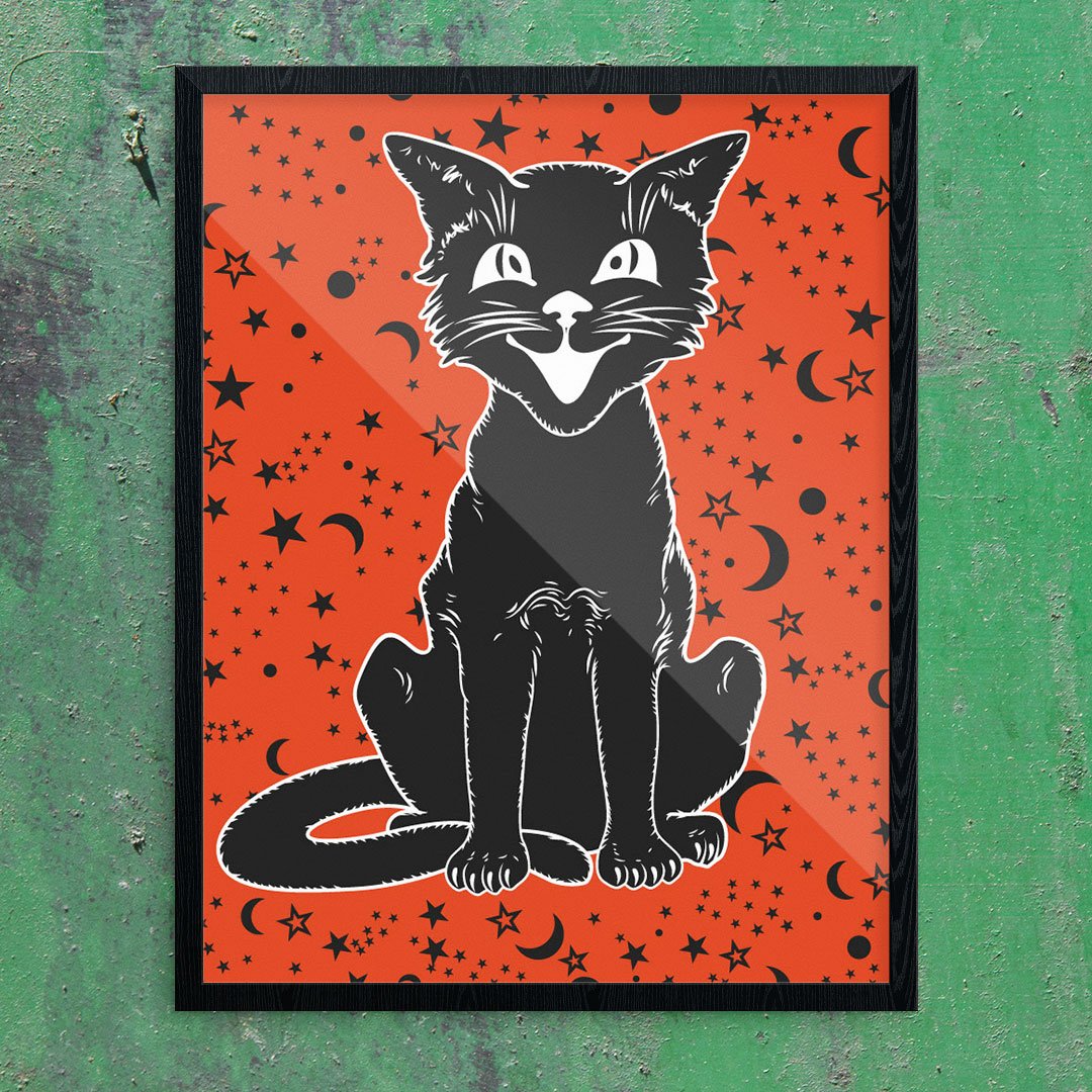 Vintage Halloween Cat on Orange Print