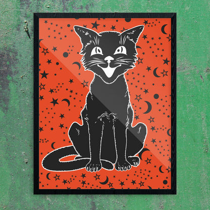 Vintage Halloween Cat on Orange Print