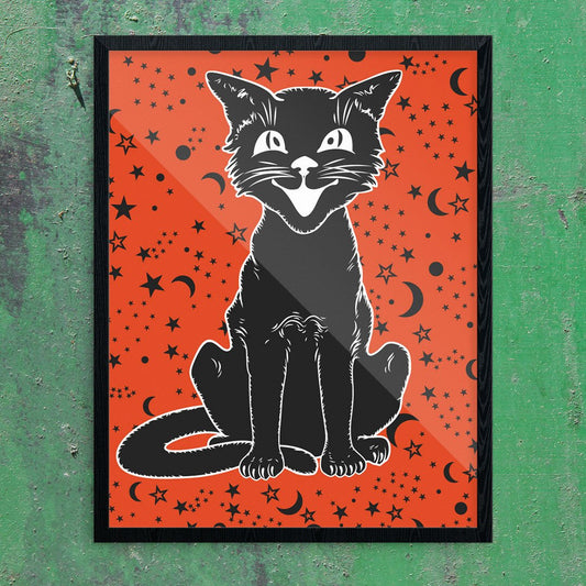 Vintage Halloween Cat on Orange Print
