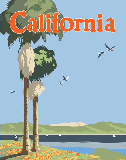 California Palm Tree & Sea Gulls Print