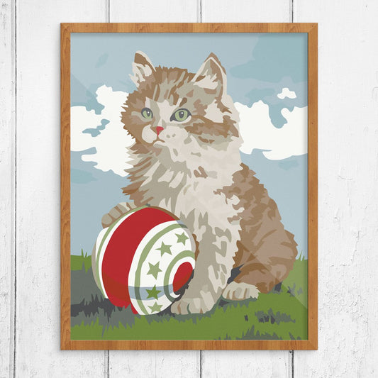 Paint By Number Cat and Ball Finished Print